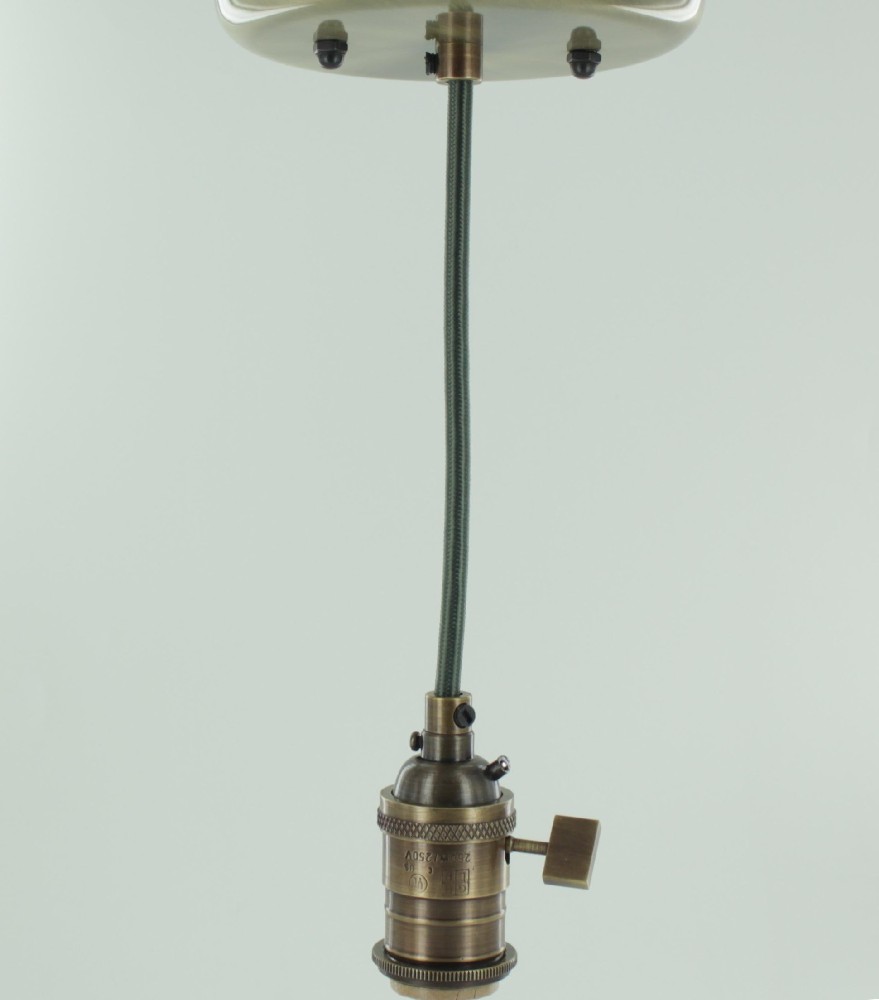 Lamp Parts Lighting Chandelier Antique Brass Antique Brass Single Turn Knob Uno Pendant Fixture With 10ft Forest Green Fabric Wire